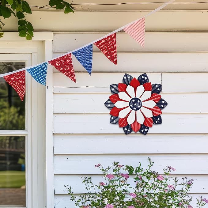 YEAHOME 4th of July Decorations Outdoor, 11" Red White and Blue Metal Flower Wall Art for Fourth of July Decor, Stars and Stripes Patriotic Decorations for Home Garden Lawn Porch