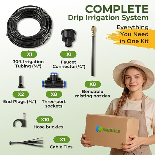 Drip Irrigation Kit for Garden 30FT, 360° Adjustable Watering System with 1/4" Tubing, Brass Misting Nozzles, DIY Micro Irrigation System for Potted Plants, Patio, Greenhouse
