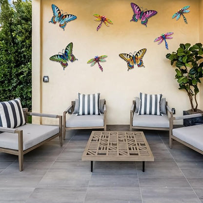 DEWEL 8 Pcs Metal Garden Decor for Outside, Butterfly Dragonfly Wall Decor Outdoor Wall Art, Colorful Hanging Decorations Wall Decor for Garden Fence Patio Yard, Great Gift Choice