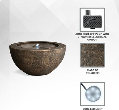 XBrand 9.65" H Round Sphere Water Fountain Indoor/Outdoor with LED Light, Polyresin Bubbler Feature for Patio, Yard, Home Décor - Bronze, Tranquil Serene Garden Accent