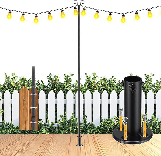 10 FT String Light Poles Heavy Duty (1 Pack) - Outdoor Patio Deck Light Poles for Outside with Anchor Base and Mounting Bracket, Waterproof Garden Backyard Pole for Wedding Party Garden