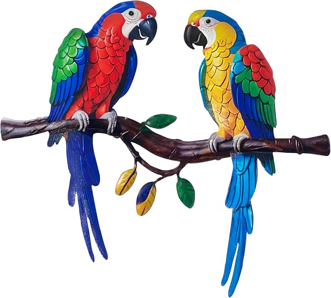 Limygus Colorful Tropical Double Parrot Metal Wall Art, Indoor Outdoor Hanging Decor for Patio Yard Balcony Living Room