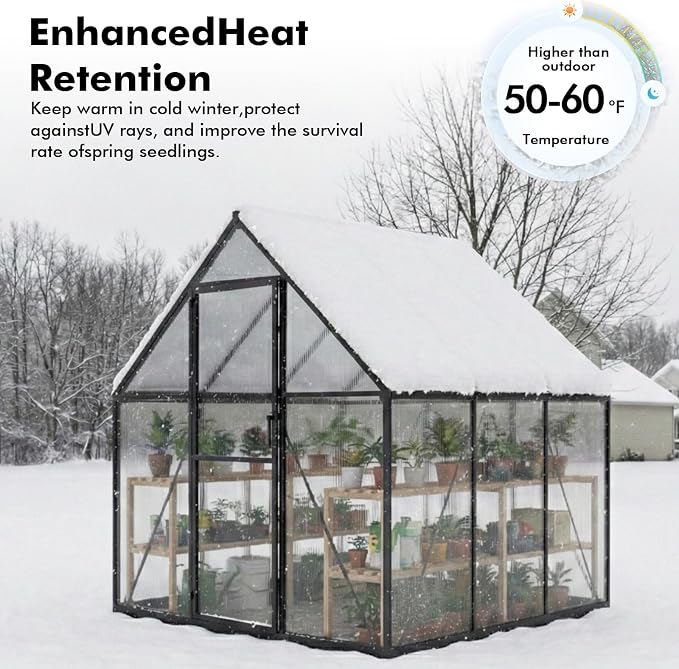 6X6FT Enhanced Aluminum Small Greenhouse for Outdoors with Thermometers | Easy Assembly, UV-Resistant Panels, Built-in Reinforcement, Lockable Sliding Door, Roof Vent, For Vegetable, Flower and Herb