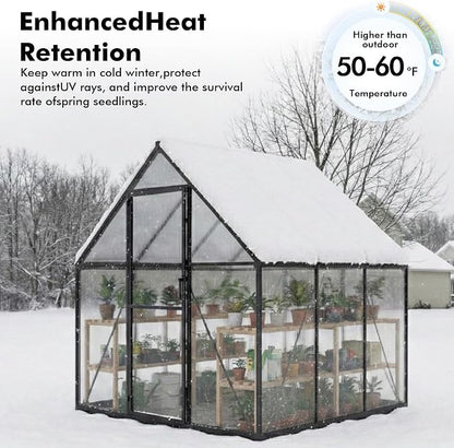 6X6FT Enhanced Aluminum Small Greenhouse for Outdoors with Thermometers | Easy Assembly, UV-Resistant Panels, Built-in Reinforcement, Lockable Sliding Door, Roof Vent, For Vegetable, Flower and Herb