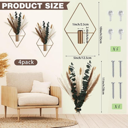 Jexine 8 Pcs Hanging Planters with Artificial Pampas Metal Hanging Vase Indoor Plants Holder Modern Geometric Boho Bathroom Wall Decor for Living Room Home Office(Antique Copper)