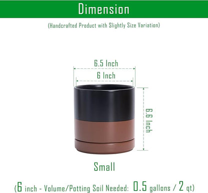 D'vine Dev 6.5 Inch Ceramic Planter Pot with Drainage Hole and Saucer, Indoor Cylinder Round Planter Pot, Black/Speckled Tan, 94-O-C-7