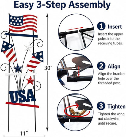 4th of July Decorations Outdoor, 30 Inch Metal Patriotic Garden Stakes, USA Yard Sign with American Flag, Red White and Blue Yard Decorations for Memorial Day Lawn Porch