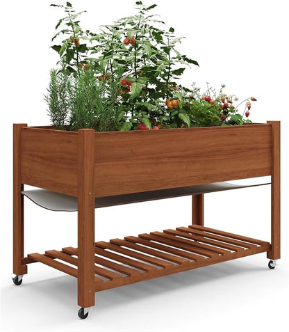 IDEALHOUSE Rolling Elevated Planter Box on Wheels, 48x24x30 Inch Mobile Raised Garden Bed with Locking Casters, Storage Shelf, Wooden Outdoor Planter for Vegetables Flowers Patio Backyard, Oak