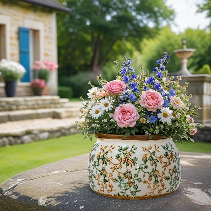 Vintage Ceramic Flower Pot - Indoor Outdoor Planters with Drainage Holes & Filter Screen, 9’’ Large Rustic Farmhouse Decorative Plant Pots for Garden/Patio/Balcony (Bicolor Vines, Large)