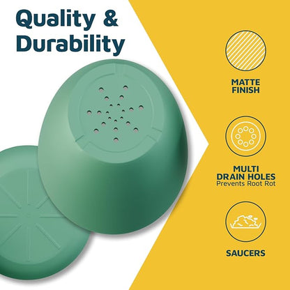 Mint Plant Pots with Drainage Holes & Saucers 3 Pack, Indoor & Outdoor Stackable Space-Saving Planters for Houseplants & Flowers, (7", 6.7", and 6" Inches), Durable & Weatherproof Materials