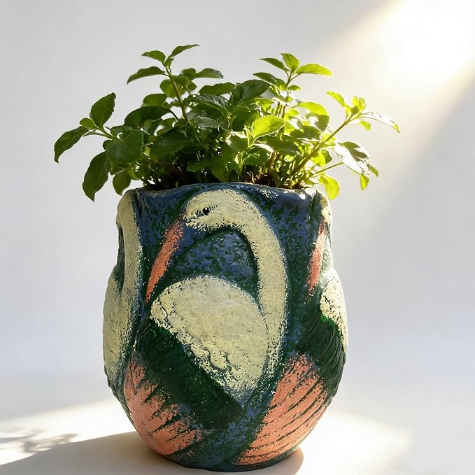 6.5 inch Green Ceramic Flower Pot with Bird Patterns,Indoor Outdoor Planter for Succulents Plants, Modern Home Garden Decor