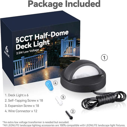 LEONLITE 6-Pack 5CCT 3.74inch Low Voltage LED Deck Lights, Black | 180LM, 12-24V AC/DC, CRI90, UL Listed, Die-cast Aluminum Housing, Frosted Glass Lens, 1800K/2700K/3000K/4000K/5000K