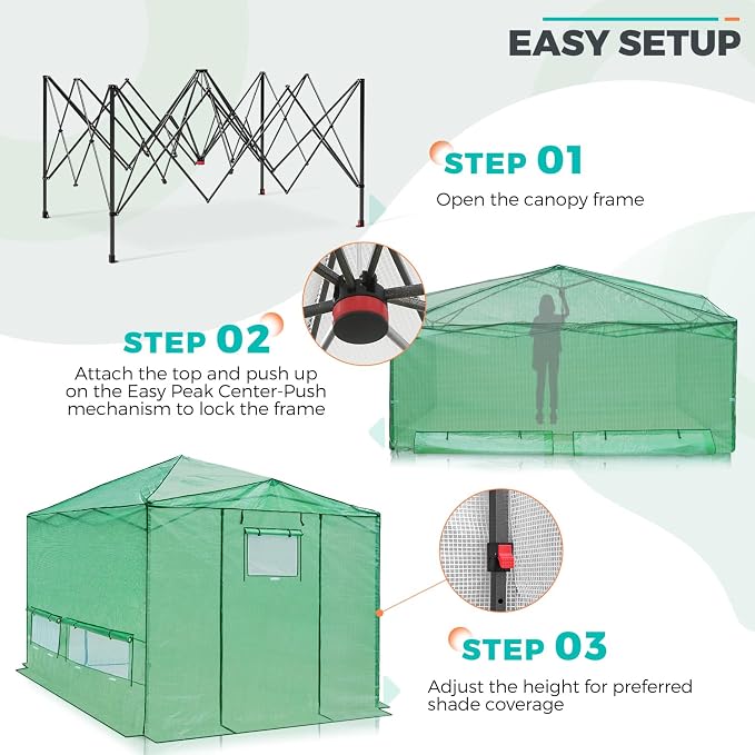 EAGLE PEAK 12x8 Portable Walk in Greenhouse, Pop Up Indoor Outdoor Greenhouse, Green House Kit with Zippered Roll-Up Doors, Windows + Support Pole, PE Cover, Clear/Green