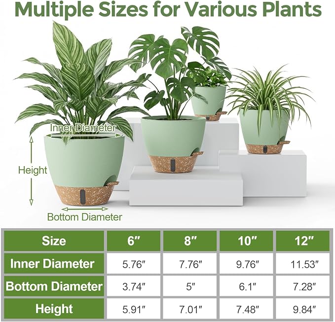 Plant Pots, 12" 10" 6" 8" Inch Self Watering Pots with Water Level Indicator, Set of 5 Flower Pots Indoor with Drainage Holes, Modern Planters for Indoor Outdoor Plants, Room & Office Décor