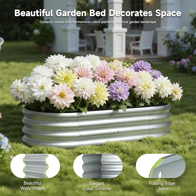 4x2x1 FT Oval Metal Raised Garden Bed, Open Bottom Design Elevated Garden Planter Box Outdoor, Trough Planter for Outdoor Plants, Flower, Vegetables, Fruit, Herbs (Silver, 1PC)
