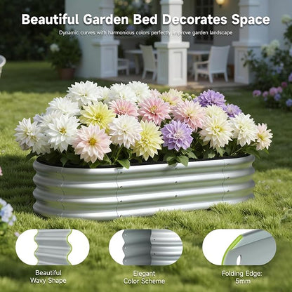 4x2x1 FT Oval Metal Raised Garden Bed, Open Bottom Design Elevated Garden Planter Box Outdoor, Trough Planter for Outdoor Plants, Flower, Vegetables, Fruit, Herbs (Silver, 1PC)