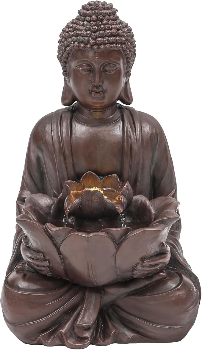 Zen Buddha Water Fountain Outdoor, 19" H Handcrafted Buddha Statue Water Feature with Soothing Waterfalls & Lights, Peaceful Oasis for Garden Patio Yard Deck Living Room Floor Tabletop Decor | Zen Lotus Water Feature with Soothing Cascading Waterfall f...