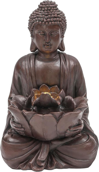 Zen Buddha Water Fountain Outdoor, 19" H Handcrafted Buddha Statue Water Feature with Soothing Waterfalls & Lights, Peaceful Oasis for Garden Patio Yard Deck Living Room Floor Tabletop Decor | Zen Lotus Water Feature with Soothing Cascading Waterfall f...