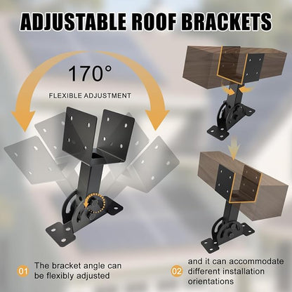4x4 Heavy Duty Roof Riser Brackets Kit 3 Pcs，Adjustable Angle Pergola Brackets Black Powder-Coated for Patio Pergola Gazebo