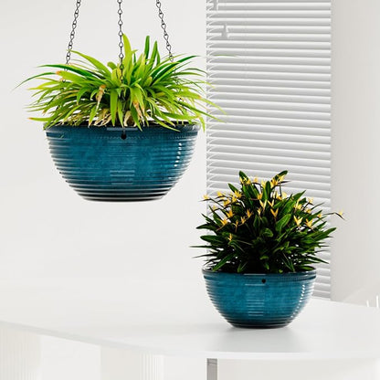 Vanslogreen 2 Pack Hanging Planters for Indoor Outdoor Plants, 10 Inch Hanging Planter with Drainage Hole & Plug Glazed Hanging Baskets Flower Pots for Garden Home (Blue)