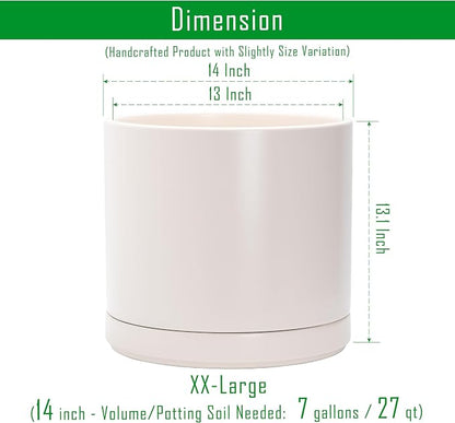 D'vine Dev 14 Inch Ceramic Planter Pot, Oatmeal, 94-O-G-8 | Modern Cylinder Design, Drainage Hole & Saucer Included, Stable Structure, Elegant Home Accent