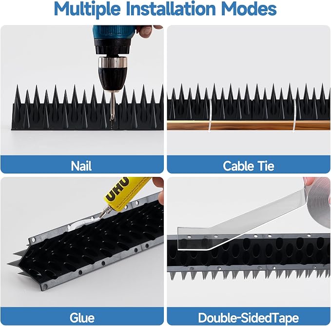 Bird Spikes Deterrent 24 Pack - New 20.6ft Pigeon Squirrels Raccoon Bird deterrents for Outside Patio, Small Birds Spikes for Outside to Keep Birds Away for Fence Balcony Roofs (Black)