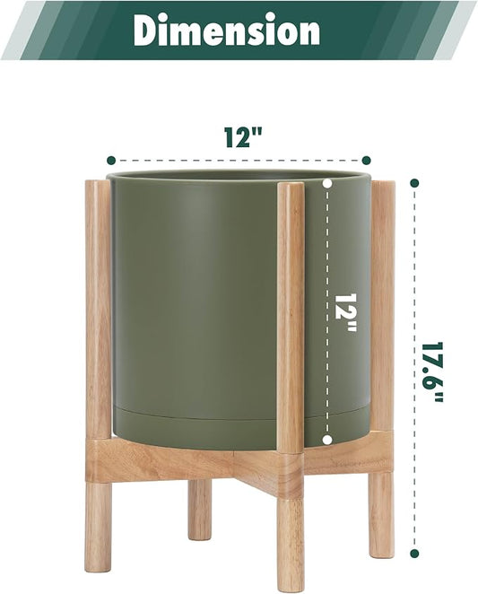 D'vine Dev Plastic Pot with Natural Wood Stand, Olive, 12 in, 55-C-P-3 | Mid-Century Inspired Design, Elevated Plant Display, Clean Lines, Sturdy Support, Modern Space-Saving Style