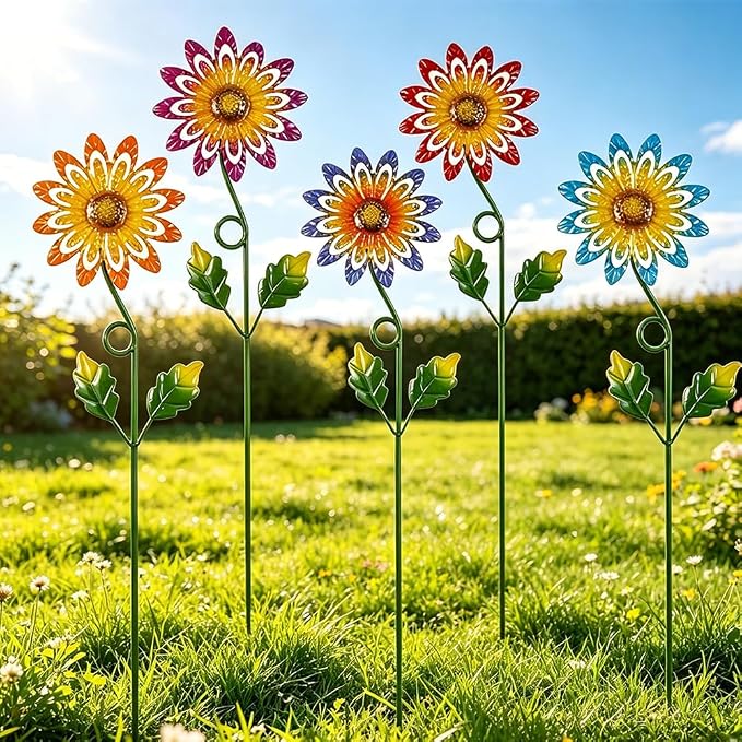 5 Pack Metal Flowers Decorative Garden Stakes, Metal Flowers for Outside Spring Yard Decor, Decorative Yard Art for Lawn, Patio, Fence,Garden Decor