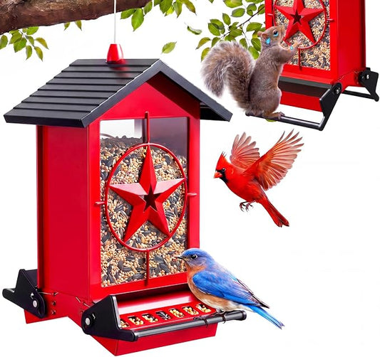 Squirrel Proof Bird Feeders for Outdoors with Weight-Activated, Metal 5LB Large Wild Bird Feeders for Cardinals,Blue Jay,Finch, Weatherproof Durable Hanging Bird Feeder for Backyard,Garden (Red)