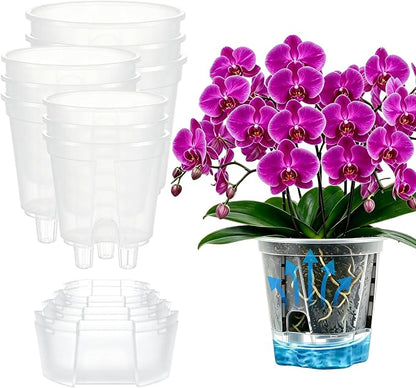 Cdd's Path Self Watering Pots Set with Deep Water Tank, Large Drainage Holes, Reservoir & Air Pipes, 5/6/7 Inch Naked Root Planter for Indoor Outdoor Plants, Flowers, Seedlings, Clear, 9 Pack