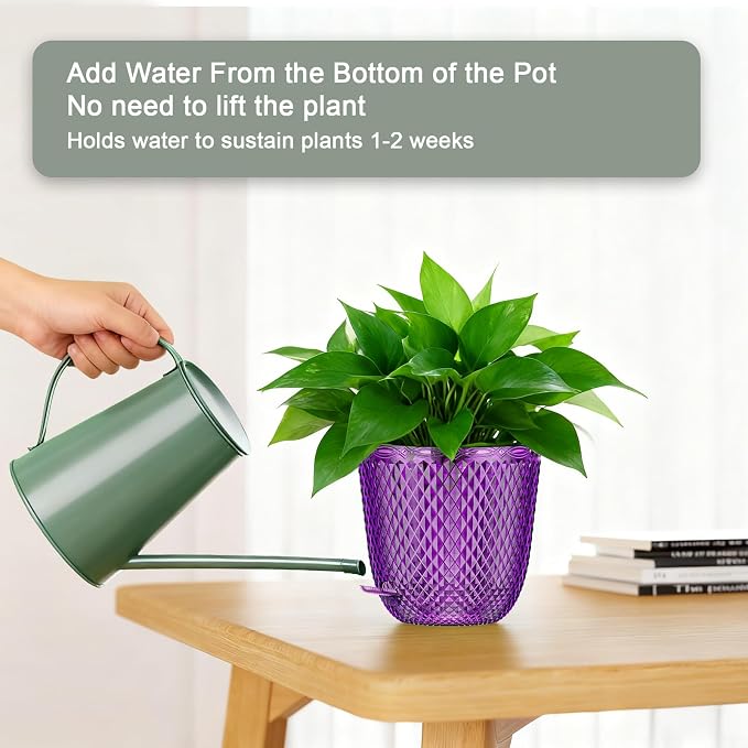 QCQHDU Hanging Planters for Indoor Plants, 2-Pack, 5.7 Inch, Purple | Plastic, Self Watering Plant Hanger, with Drainage Holes, 3 Hooks Chains, For Garden Home