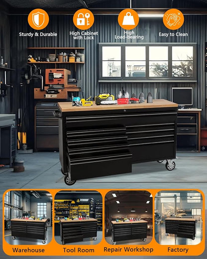 61-Inch Heavy-Duty Rolling Tool Chest & Mobile Workbench with 9 Drawers, Rubber Wood Top, Locking System, Wheels for Garage, Workshop, Warehouse Storage, Tool Cabinet