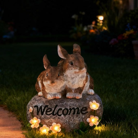 Solar Rabbit Garden Decor Outdoor Bunny Statue Welcome Sign Cute Resin Bunny Figurines for Yard Lawn Ornament Patio Porch Backyard Waterproof Decorative Gift for Women Bunny Lovers