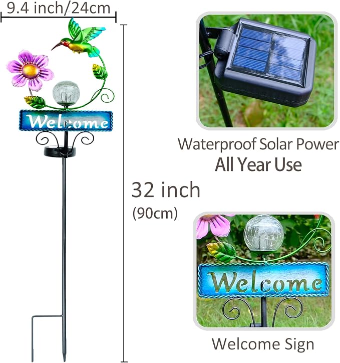 Hummingbird Garden Decorations for Outside, Solar Waterproof Stake Lights with Welcome Sign for Yard Lawn Patio Pathway, Warm Gifts for Mom Grandma Housewarming (Hummingbird)