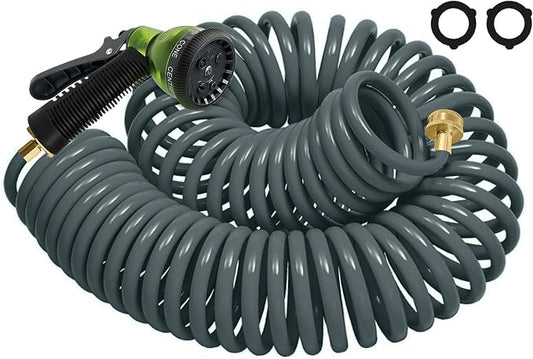 Coil Hose 50FT EVA Coil Garden Hose With 3/4'' Brass Connector Coiled Water Hose Lightweight And No Kink Includes 7 Patterns Spray Nozzle For Outdoors Lawn Watering Car Washing