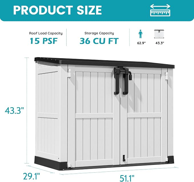 Outdoor Horizontal Storage Cabinet Box 36 Cu Ft with Lockable Doors, Outdoor Storage Shed Portable Waterproof for Backyard Garden