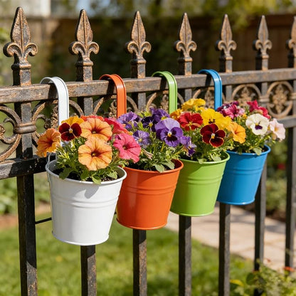 12 Pack Balcony Planters Railing Hanging, Colorful Railing Planter 6.4 Inch Plant Pots with Drainage Holes Hanging Plant Holder Indoor Hanging Planter Outdoor Flower Pots