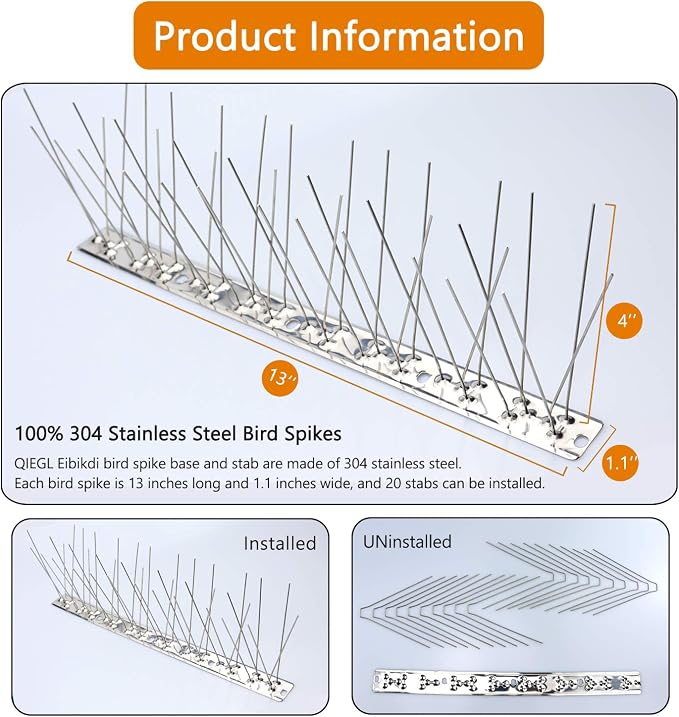 QIEGL Bird Spikes for Pigeons 304 Stainless Steel Cover 25 Feet (23 Pack Uninstalled)