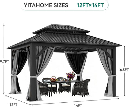 YITAHOME 12x14ft Hardtop Gazebo with Nettings and Curtains Heavy Duty | Double Roof Galvanized Steel Outdoor Combined of Vertical Stripes Roof for Patio, Backyard, Deck, Lawns, Gray