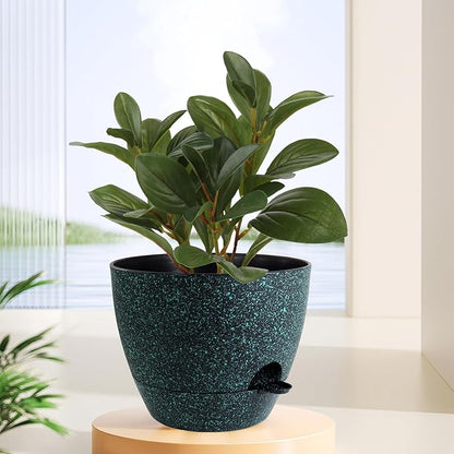 WSMKSZ 12 inch Large Self Watering Pots, Planter, Plant Pots with Mesh Drainage Holes for Indoor Outdoor House Plants and Garden, Plastic Flower Pots with Reservoir, Black with Green Speckles