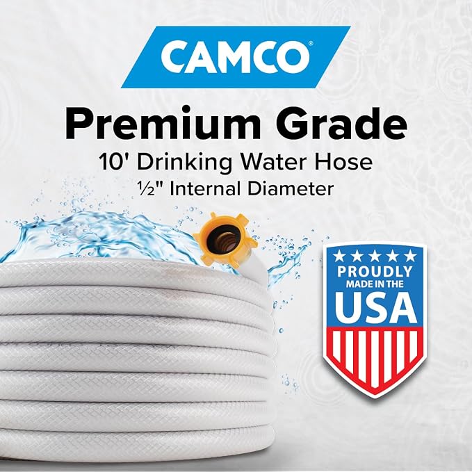 Camco TastePURE 10-Ft Water Hose - RV Drinking Water Hose Contains No Lead, No BPA & No Phthalate - Features Diamond-Hatch Reinforced PVC Design - 1/2” Inside Diameter, Made in the USA (22743)