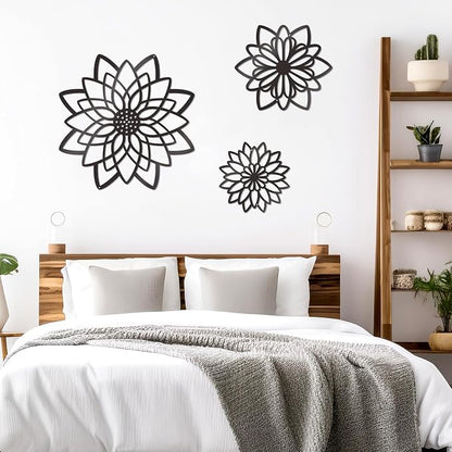 Zzbakress 3 Pcs Metal Flowers Wall Decor Black Wall Decor Metal Flower Art Farmhouse Wall Art Multiple Flowers Hanging Decor for Bathroom Living Room Kitchen Garden Office (Black Concise)