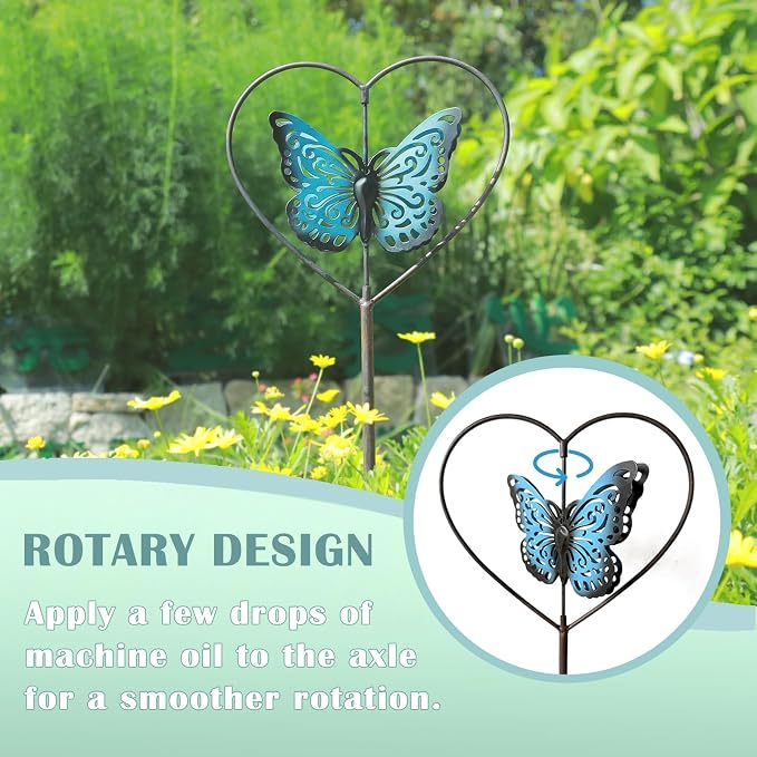 Decorative garden stakes,rotating butterfly garden stake,cemetery decor | vintage blue metal garden decor;perfect for flower pots, outdoor gardens, lawns and garden decor for outside