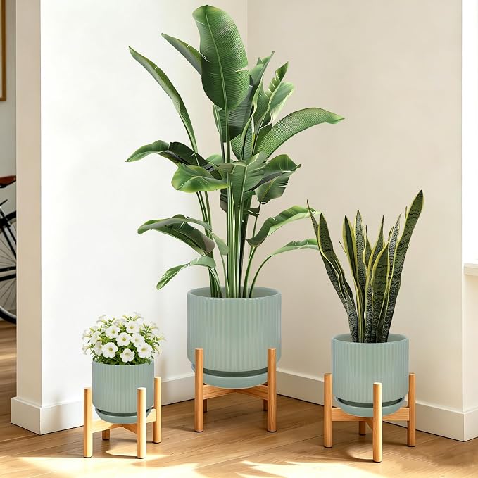 Ceramic-Flower-Pots-Sets-with-Saucer, 5/6/8 inch Small Planters for Indoor Plants with Drainage Hole, White Vertical Stripe Plant Pots for Home Decor, Outdoor Garden Pot For Succulent Cactus Herb