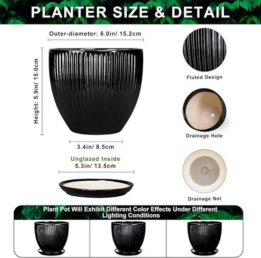 6 Inch Ceramic Planter, Indoor Plant Pots for Small Plants, Decorative Flower Pots with Drainage Hole and Saucer, Round Pot for Plants, Office Bathroom Decor, Gifts for Plant Lovers, Black