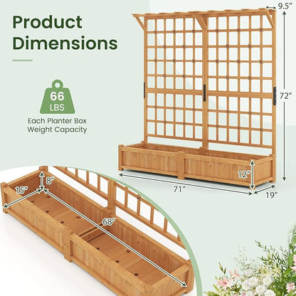COSTWAY 71” Large Wooden Raised Garden Bed with Trellis and Hanging Roof, 2 Planter Boxes, 4 Drainage Holes, Removable Bottom Plate for Climbing Plants, Flowers, Outdoor Balcony Planter