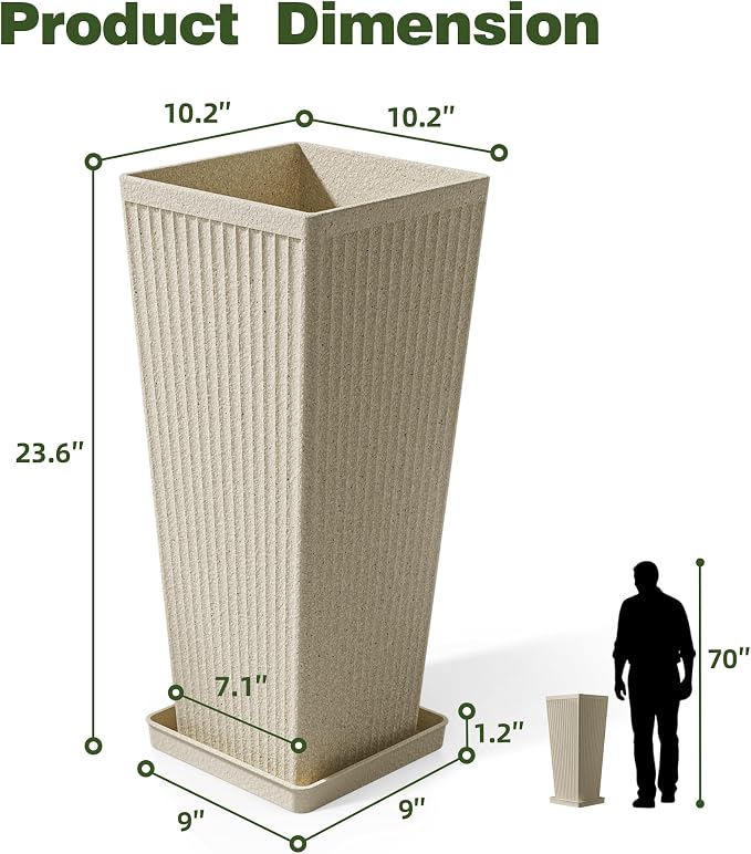 Square Tall Planters for Outdoor Plants Set of 2-24" Heavy-Duty Classic Tapered Indoor Flower Pots with Drainage Holes/Partition/Tray, Large Outdoor Planters for Porch Patio, Beige Cream
