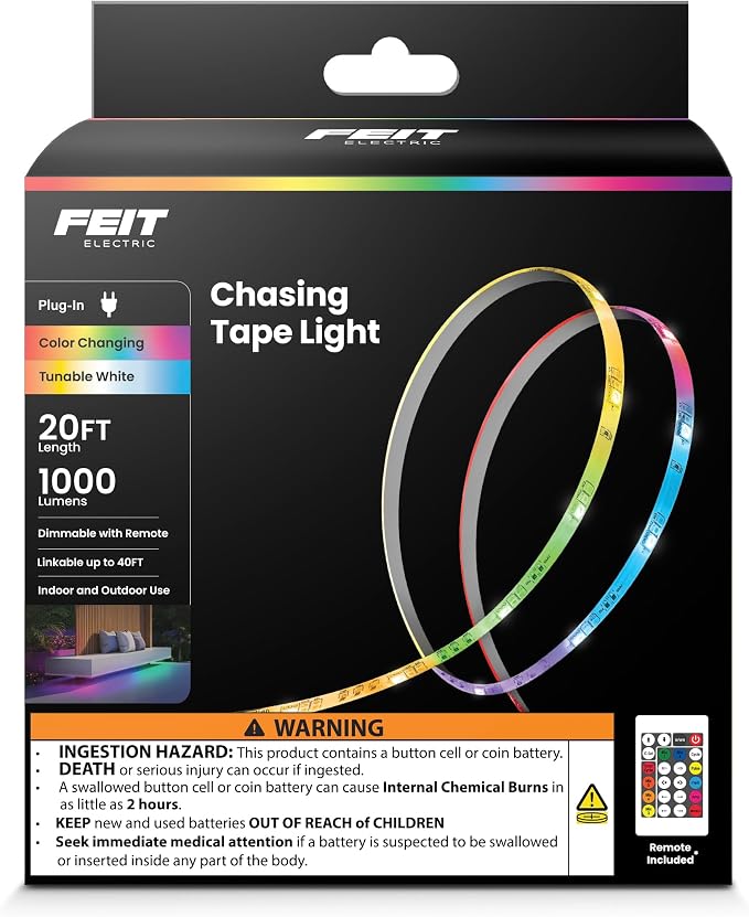 Feit Electric 20ft Chasing & Tunable White LED Tape Light, RGB Colors, Dimmable, Cut-to-Size, Linkable Up to 40ft, Remote Control, Indoor/Outdoor Plug-in Light Strip, Slim 0.4in Width, TAPE240/CHASE