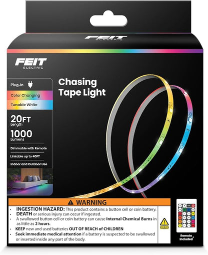 Feit Electric 20ft Chasing & Tunable White LED Tape Light, RGB Colors, Dimmable, Cut-to-Size, Linkable Up to 40ft, Remote Control, Indoor/Outdoor Plug-in Light Strip, Slim 0.4in Width, TAPE240/CHASE