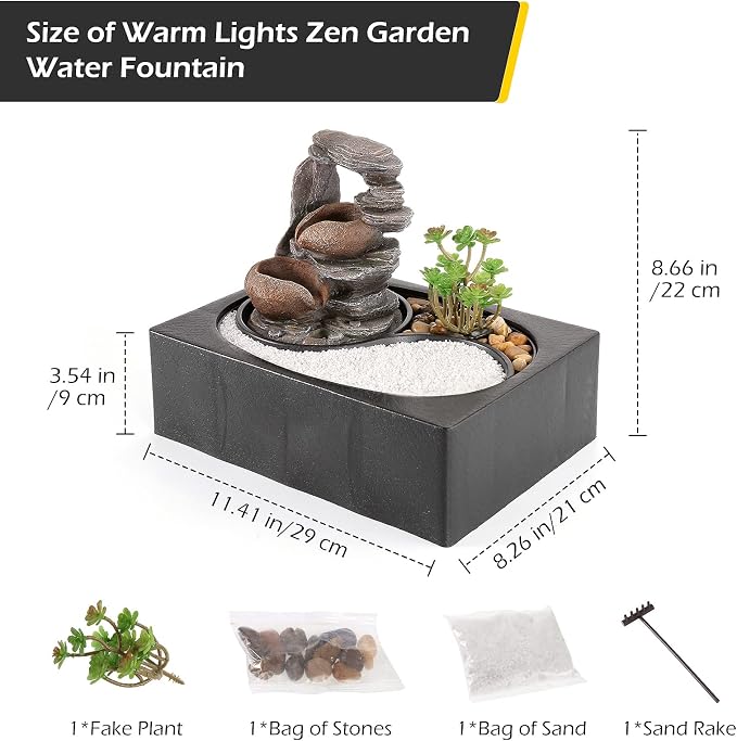 Dyna-Living Indoor Water Fountains Tabletop Water Fountain with Warm Light | Zen Water Fountain Indoor for Relaxation, Desk Zen Waterfall Feature for Home & Office Decor, Quiet Pump, Relieve Stress